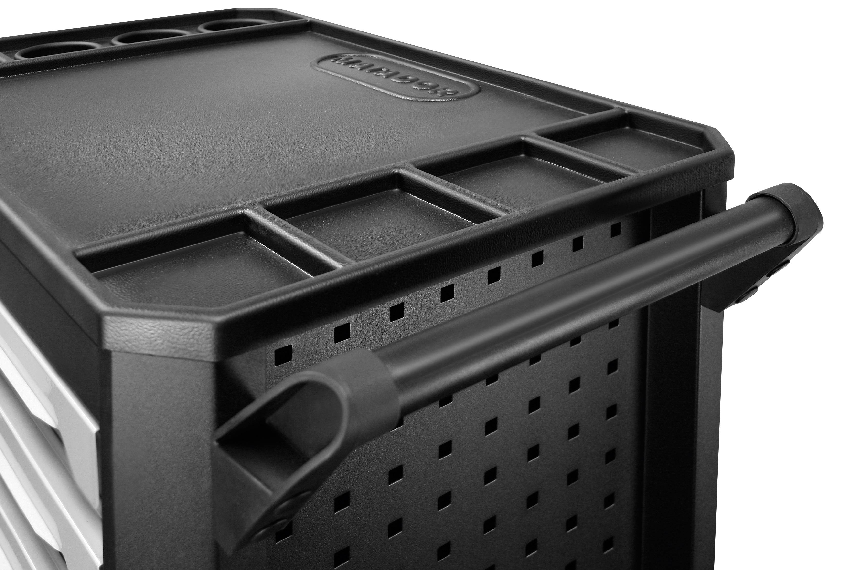 Schwarzer Werkzeugwagen mit seitlichem Griff und mehreren Aufbewahrungsfächern. Eignet sich zur geordneten Aufbewahrung von Werkzeugen.