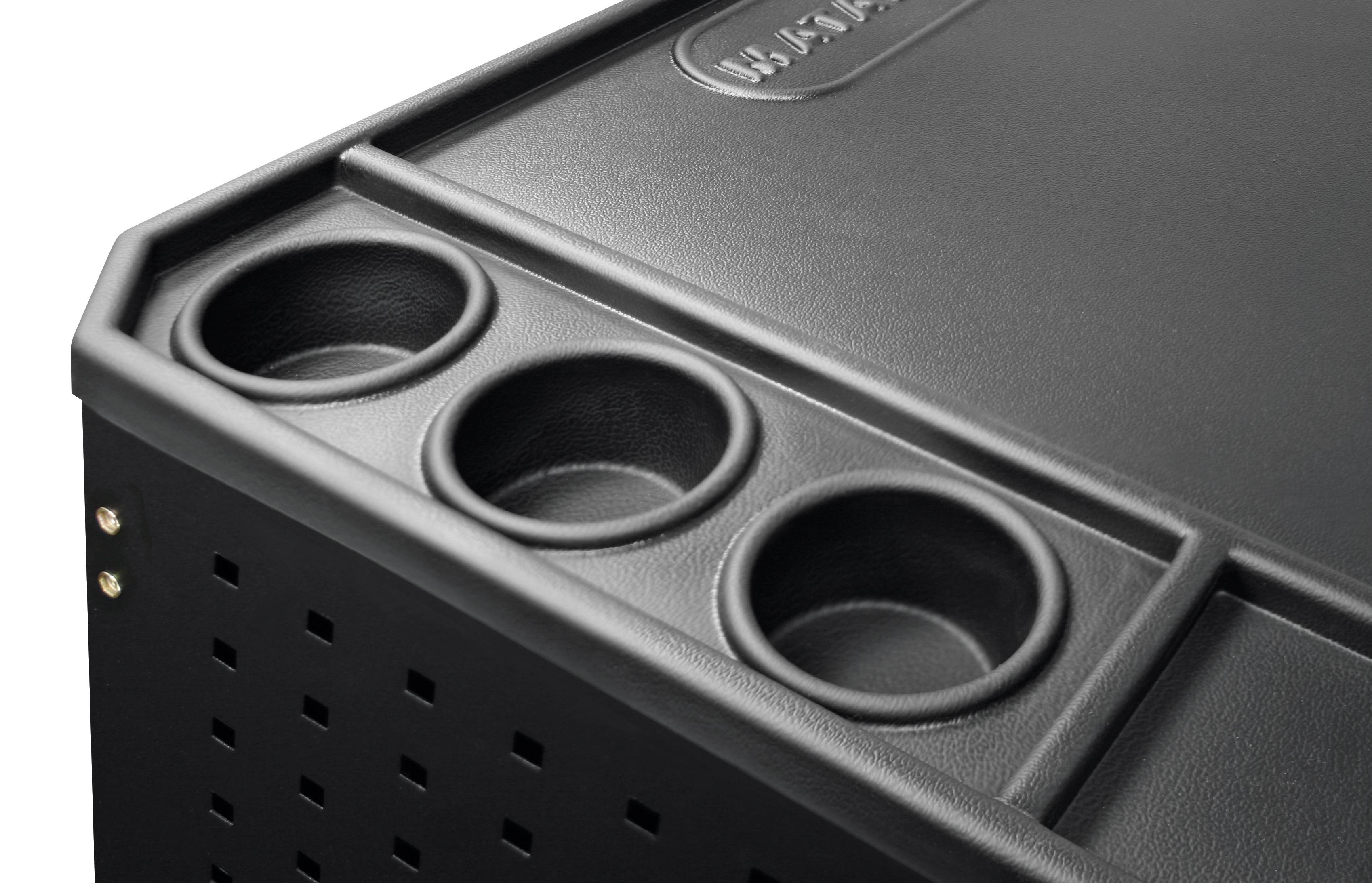 Ein schwarzer Werkzeugwagen mit drei runden Fächern an der Oberseite zur Aufbewahrung kleiner Gegenstände oder Werkzeuge.