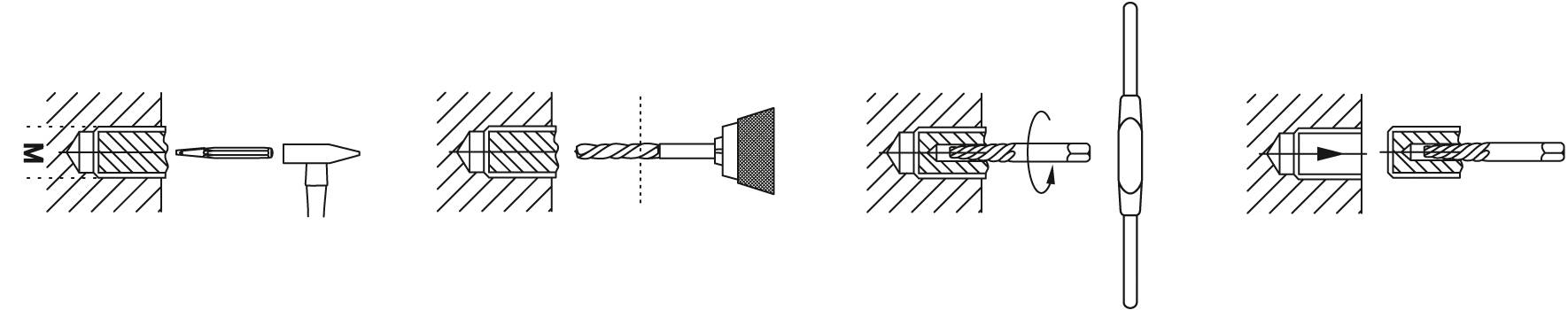 Diagramm zur Installation eines Dübels: Bohren, Dübel einsetzen, Schraube eindrehen. Zeigt schrittweisen Prozess und Werkzeuge.
