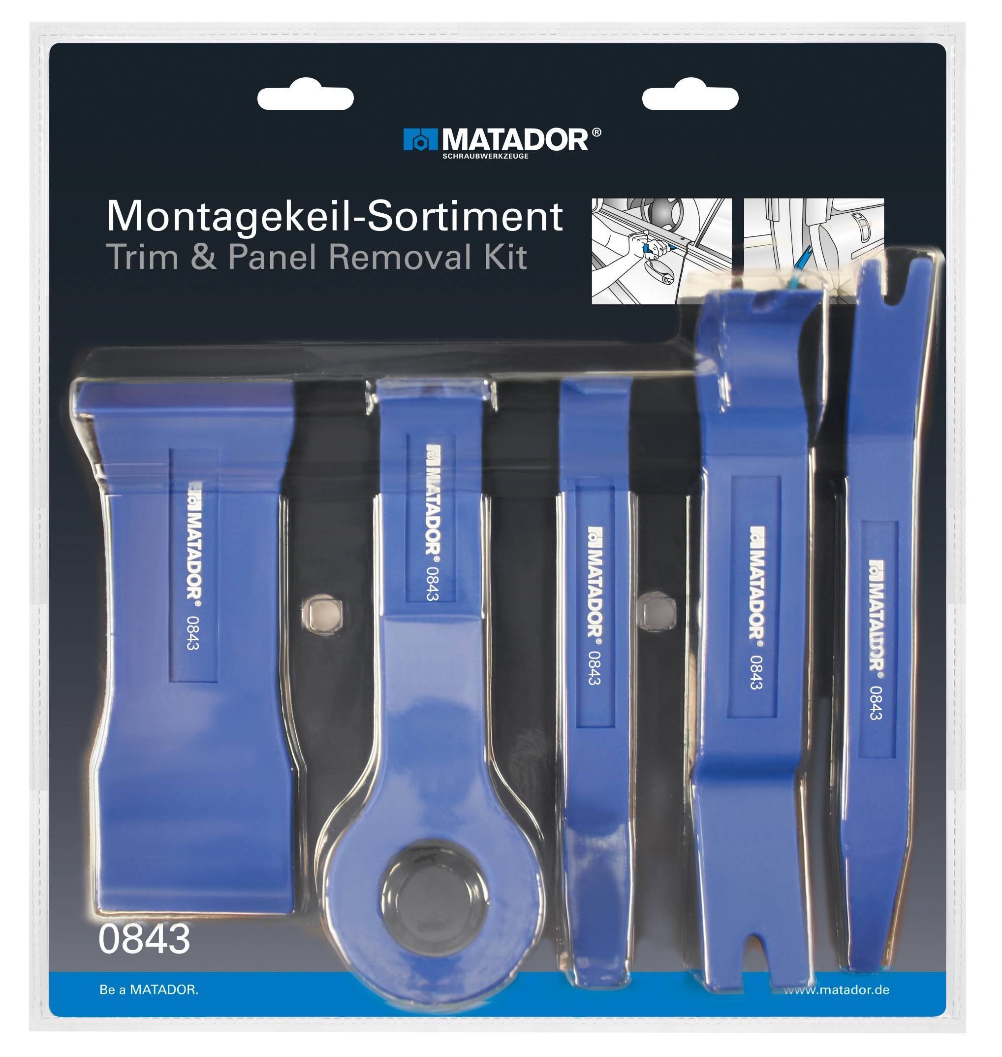 Verpackung eines blauen Montagesets zur Verkleidungs- und Paneelentfernung mit fünf Werkzeugen, Marke 'MATADOR', Produktnummer 0843.