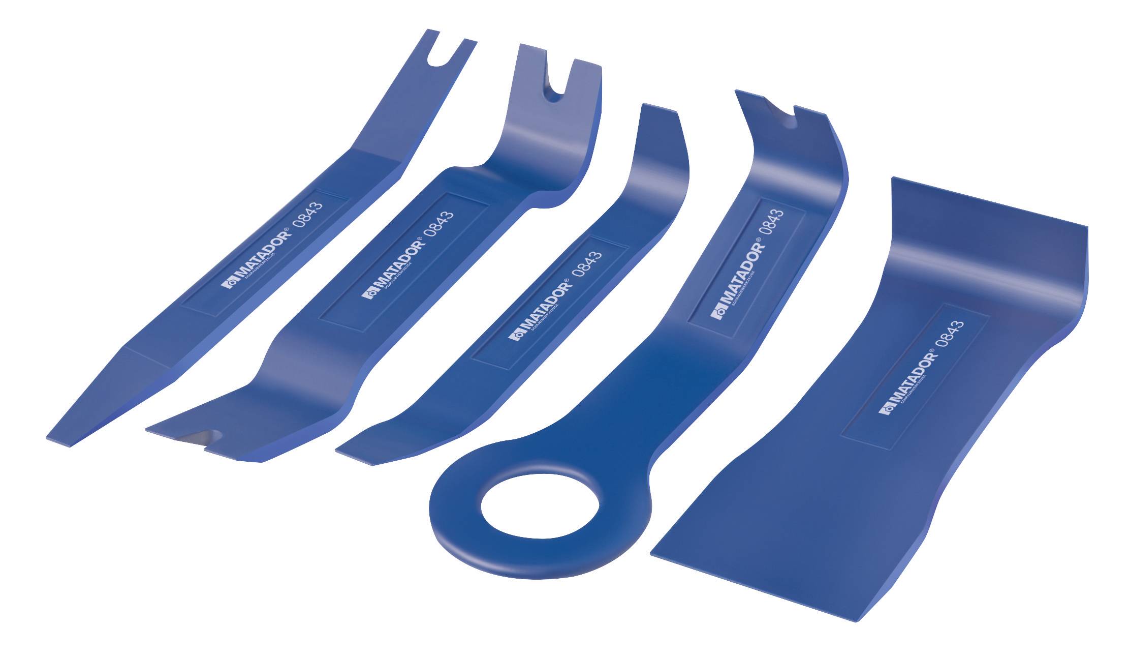 Ein Satz von fünf blauen Kunststoff-Werkzeugen, die als Hebelwerkzeuge für das Entfernen von Verkleidungen und Clips verwendet werden.