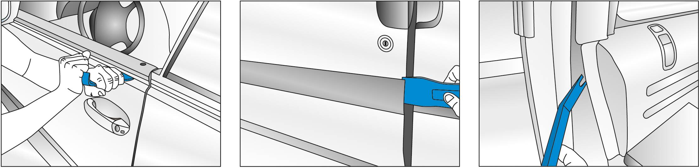 Drei Abbildungen zeigen, wie ein blauer Kunststoffheber verwendet wird, um die Verkleidung und Dichtungen eines Autotürrahmens zu entfernen.
