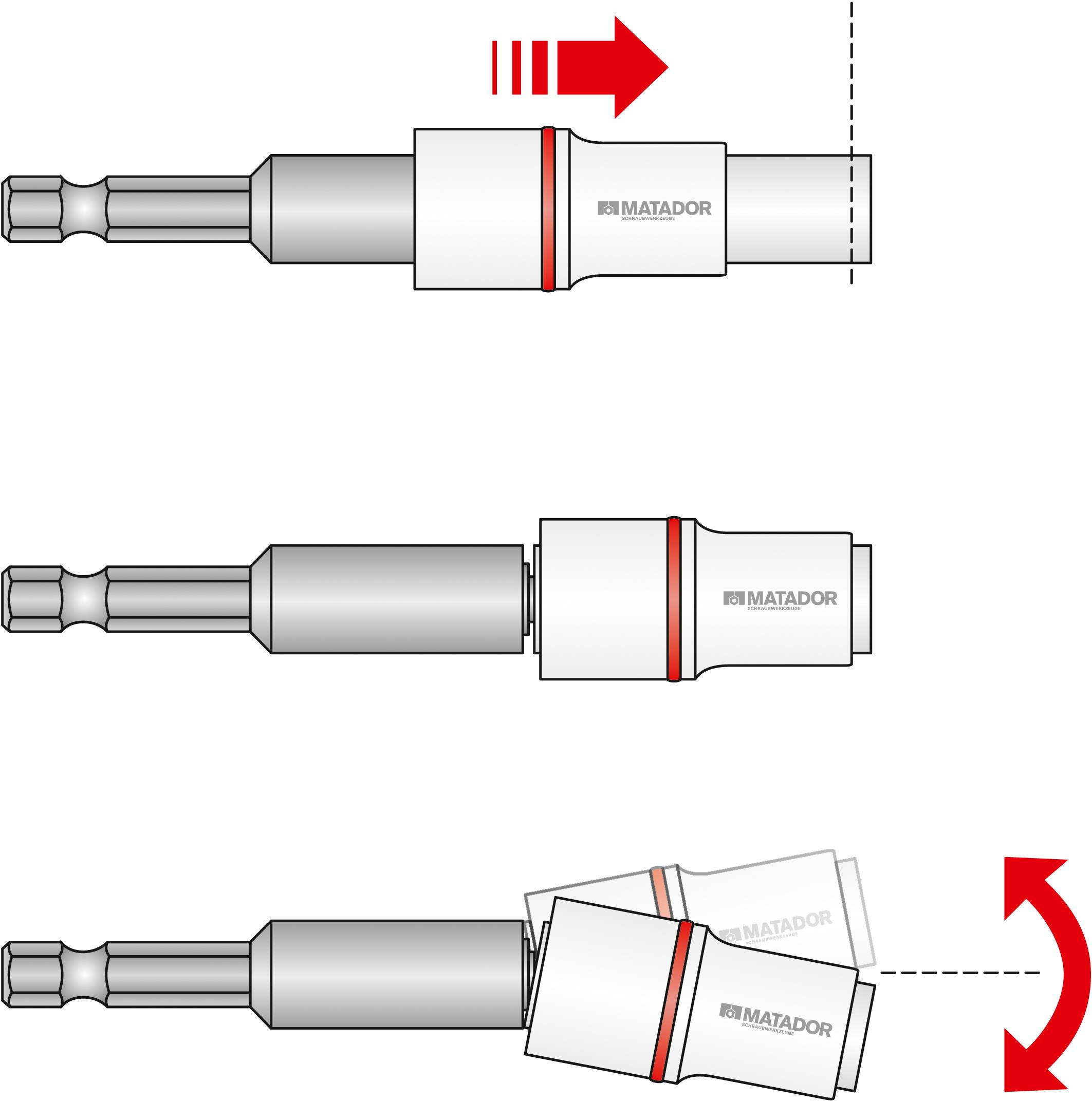 Drei Abbildungen eines Adapters mit rotem Pfeil, der Drehen und Schwenken zeigt. Die Funktion ist das Anpassen der Position.
