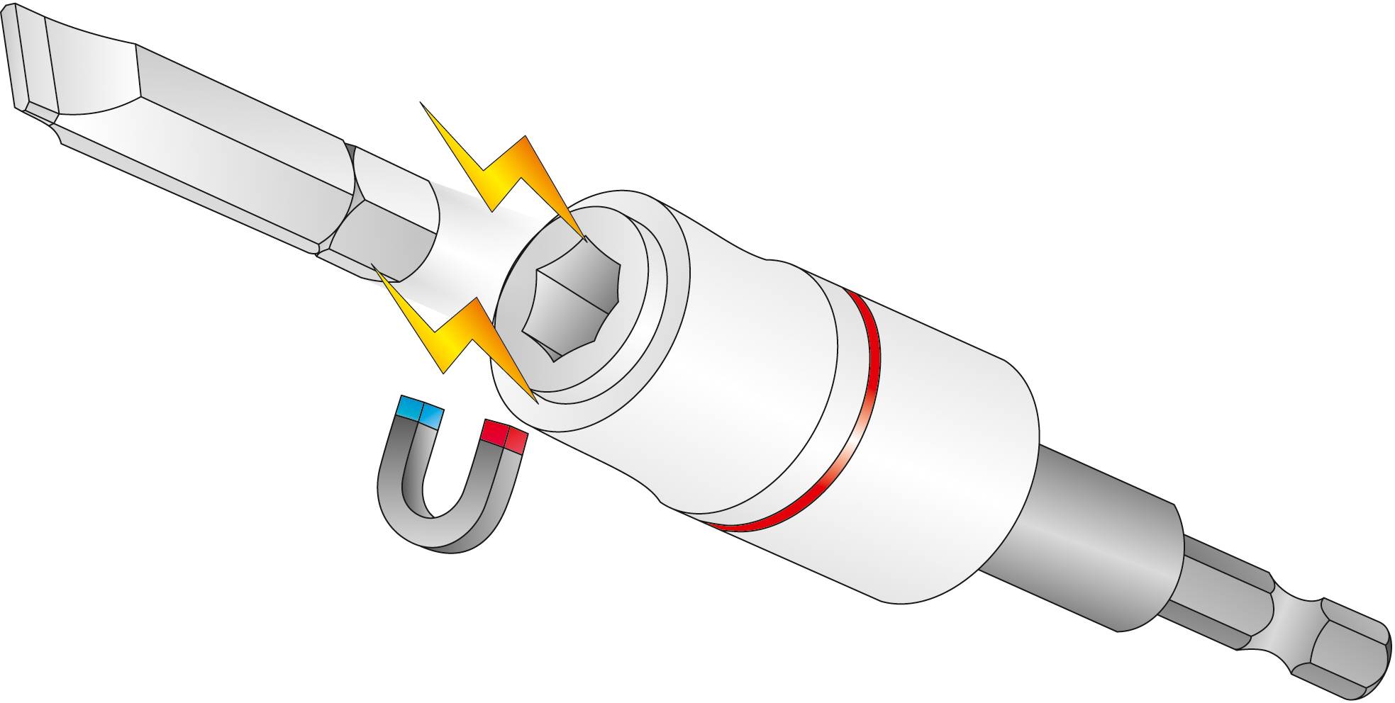 Illustration eines Magnet-Schraubendreherbits mit einem U-förmigen Magneten, der auf die magnetische Funktion des Bits hinweist.