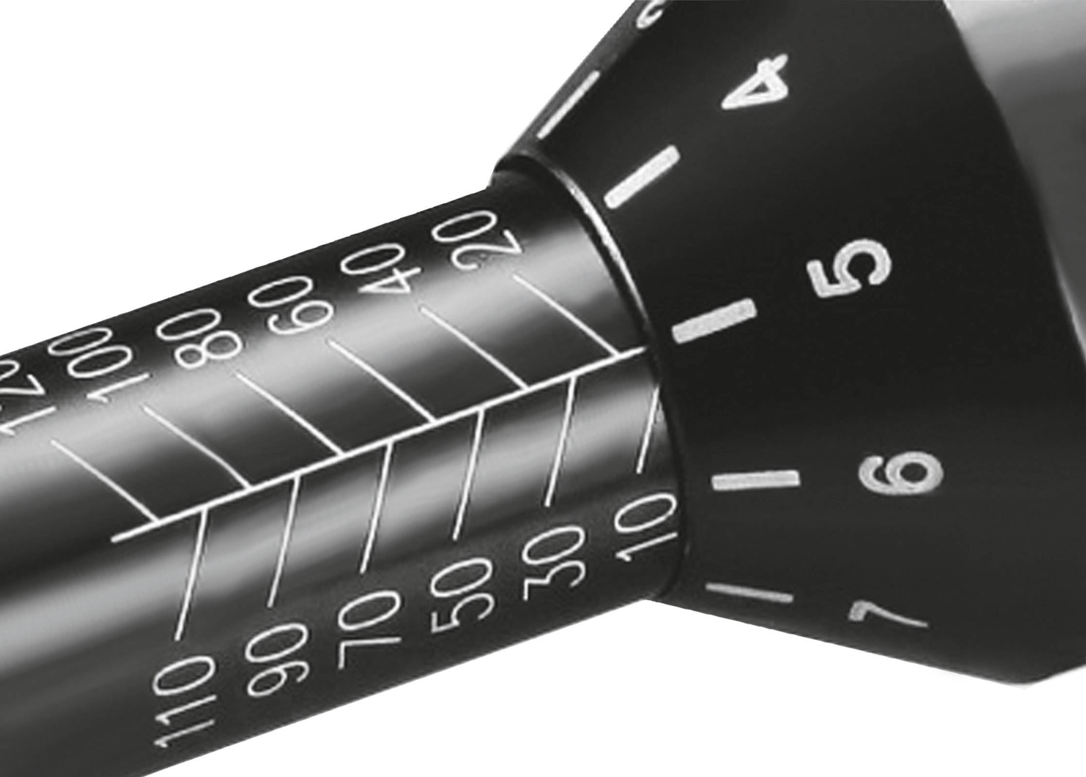 Nahaufnahme eines schwarzen Drehknopfs mit nummerierten Markierungen von 0 bis 180 Grad für Präzisionsmessungen oder Einstellungen.