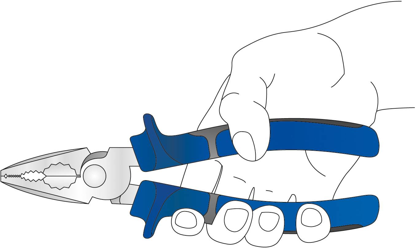 Eine Hand hält eine blaue Kombizange, bereit zum Einsatz.