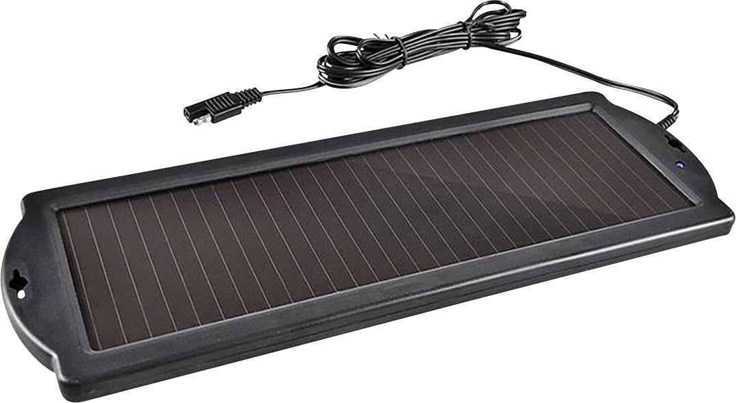 Schwarzes Solarpanel-Ladegerät mit langem Kabel und Stecker, geeignet für Boot- oder Kfz-Nutzung, auf weißem Hintergrund.