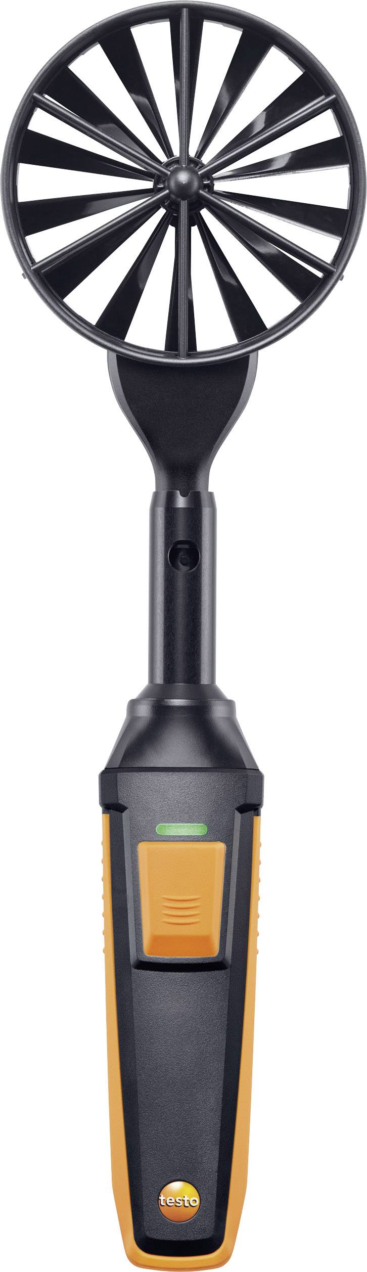 Ein handliches Anemometer mit Rotorflügeln zur Messung der Luftgeschwindigkeit, in Schwarz und Orange gehalten.