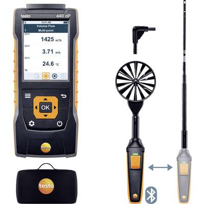 Ein digitales Anemometer zur Messung des Luftstroms. Zeigt 1425 m³/h Volumenstrom, 3312 Pa Druck und 24,6 °C Temperatur. Enthält Bluetooth-Funktion und Zubehör.