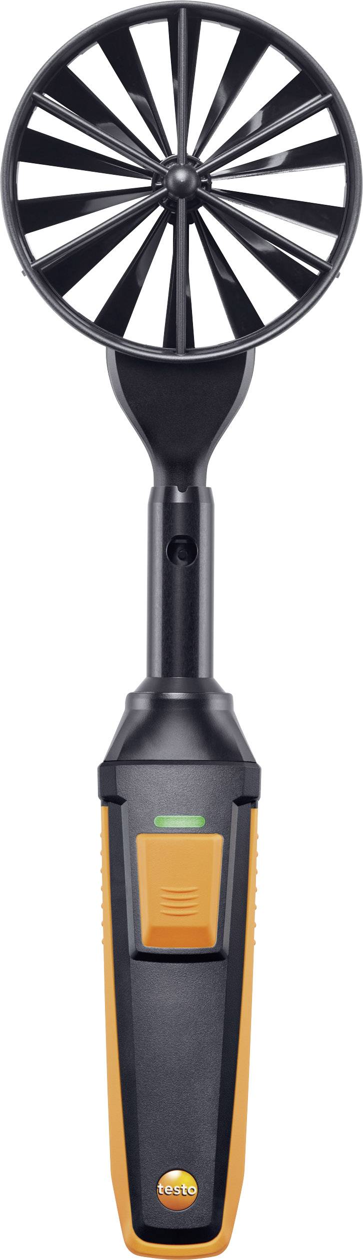 Ein Anemometer mit schwarzem Rotor, verwendet zur Messung von Luftgeschwindigkeit und Temperatur, schwarz und orange gefärbt.