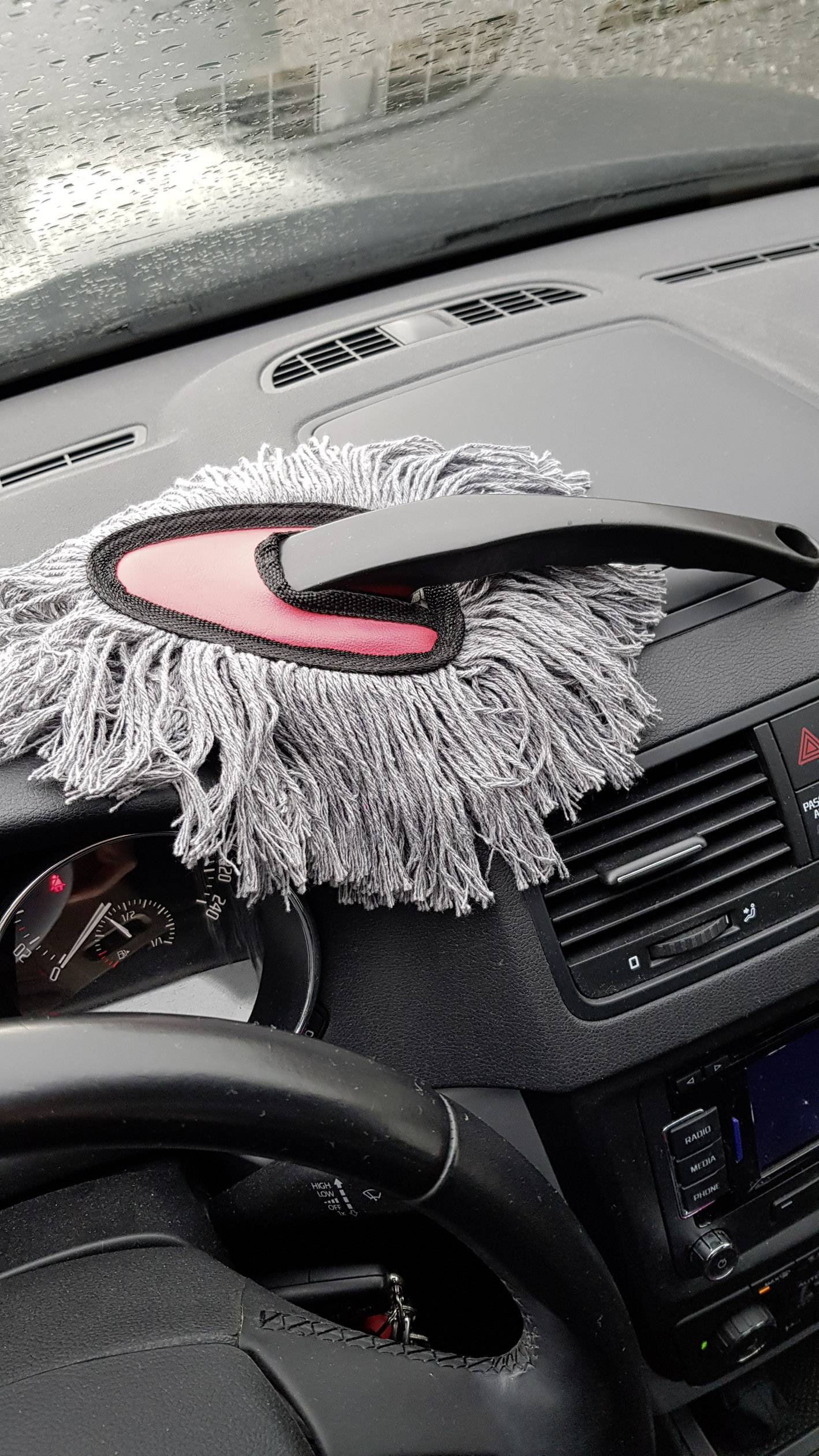 Ein grauer Staubmopp mit rotem Halter liegt auf einem Armaturenbrett eines Autos. Der Außenbereich ist verregnet.