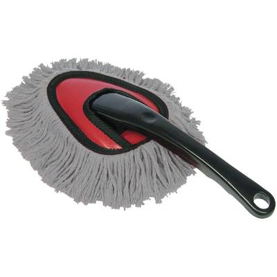 Staubwedel mit grauem Mikrofaserkopf und schwarzem Griff auf rotem Grund.