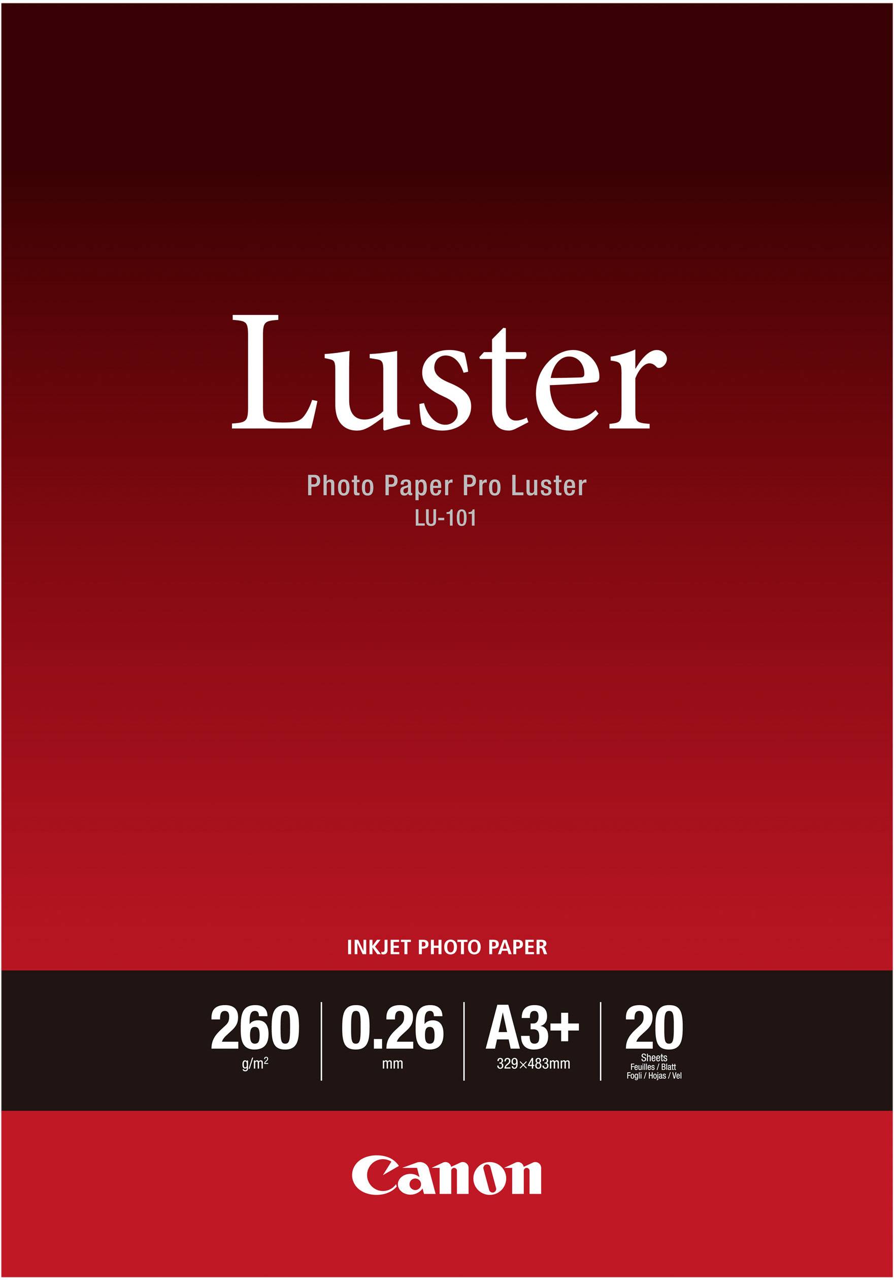 'Canon Luster Photo Paper Pro LU-101' Verpackung; 260 g/m², 0,26 mm, A3+, 20 Blatt. Roter Hintergrund mit weißer Schrift.