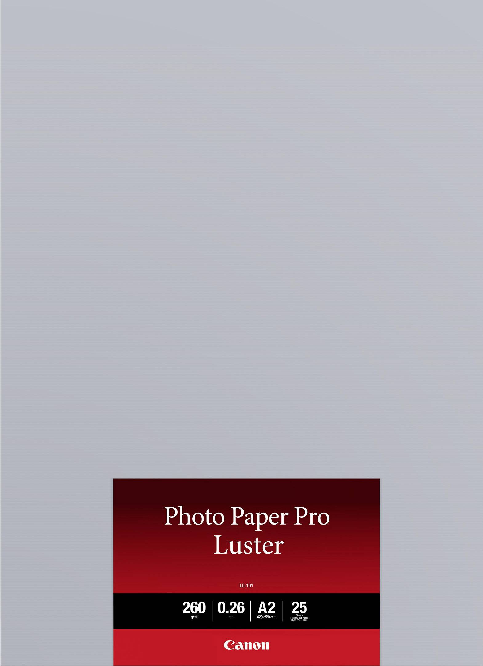 Die Verpackung zeigt 'Photo Paper Pro Luster' von Canon. A2-Format, 260 g/m², 0,26 mm dick, 25 Blatt.