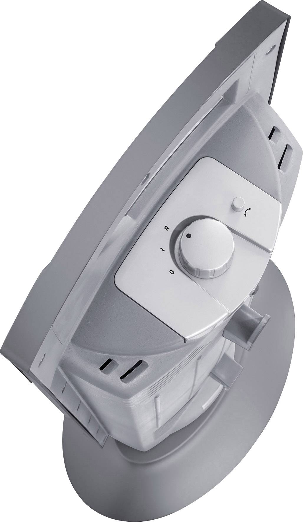 Ein graues Computerdisplay von hinten gezeigt, mit einem großen, zentralen Regler zur Einstellung an der Rückseite des Monitors.