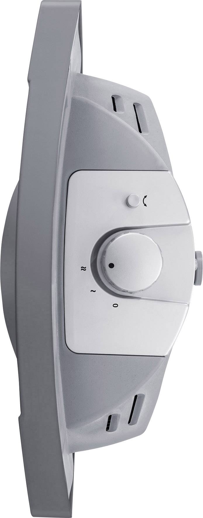 Grauer Elektrogerätedrehschalter mit Skala und Regler in der Mitte, stehend auf rechteckiger Basis mit Lüftungsschlitzen an den Seiten.