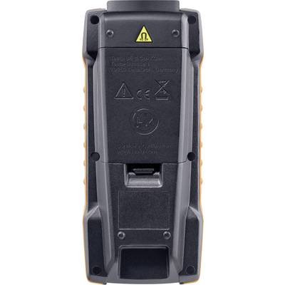 Rückansicht eines elektronischen Geräts mit Warnsymbol, Herstellerinformationen und Neigungsmesser, teilweise im grauen Gehäuse sichtbar.