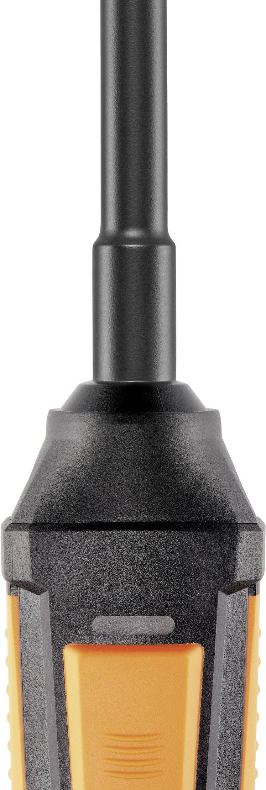 Das Bild zeigt eine schwarze und orangefarbene elektrische Bohrmaschine von der oberen Hälfte, mit einem schwarzen Griff und orangefarbenem Akzent.