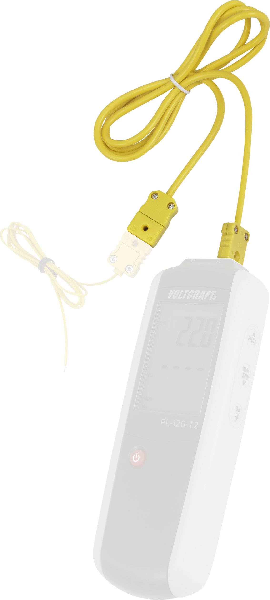 Ein digitales Thermometer mit gelbem Kabel und Sensoranschluss zeigt '220' auf dem Display an.