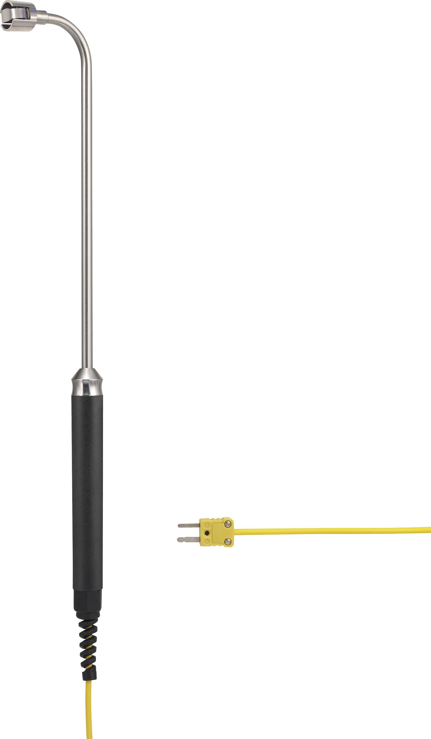 Ein langes Metallthermometer mit schwarzem Griff und einem gelben Anschlusskabel.