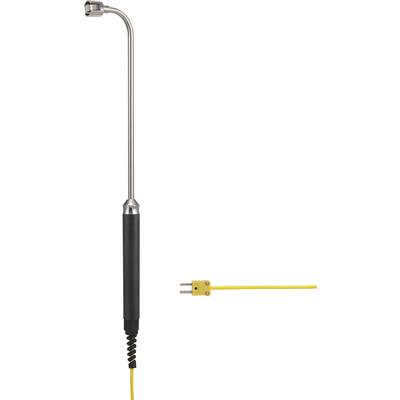 Ein langes Metallthermometer mit schwarzem Griff und einem gelben Anschlusskabel.