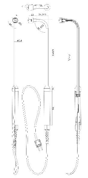 Technische Zeichnung eines Kabels mit Stecker, Maßen und Schnittansicht. Details von Länge, Durchmesser und einzelnen Komponenten.