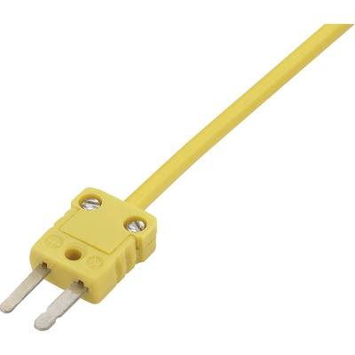 Ein gelbes Thermoelement-Kabel mit einem rechteckigen Stecker, der zwei Metallstifte hat.