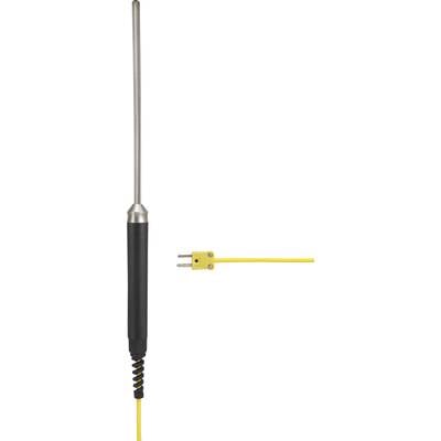 Temperaturfühler mit Metallsonde und gelbem Kabel, geeignet für präzise Temperaturmessungen in Labor- und Industrieumgebungen.