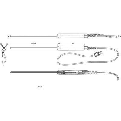 Technische Zeichnung eines zylindrischen Messinstruments mit Kabel und Steckverbindungen. Zeigt Maßangaben und Querschnittsansichten.
