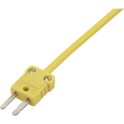 Gelber Thermoelementstecker mit zwei Metallstiften, geeignet zur Temperaturmessung durch Anschluss an entsprechende Messgeräte.