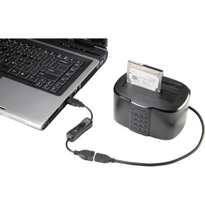 Ein Laptop ist über ein Kabel mit einer externen Festplatten-Dockingstation verbunden. Eine Festplatte ist in die Dockingstation eingesetzt.