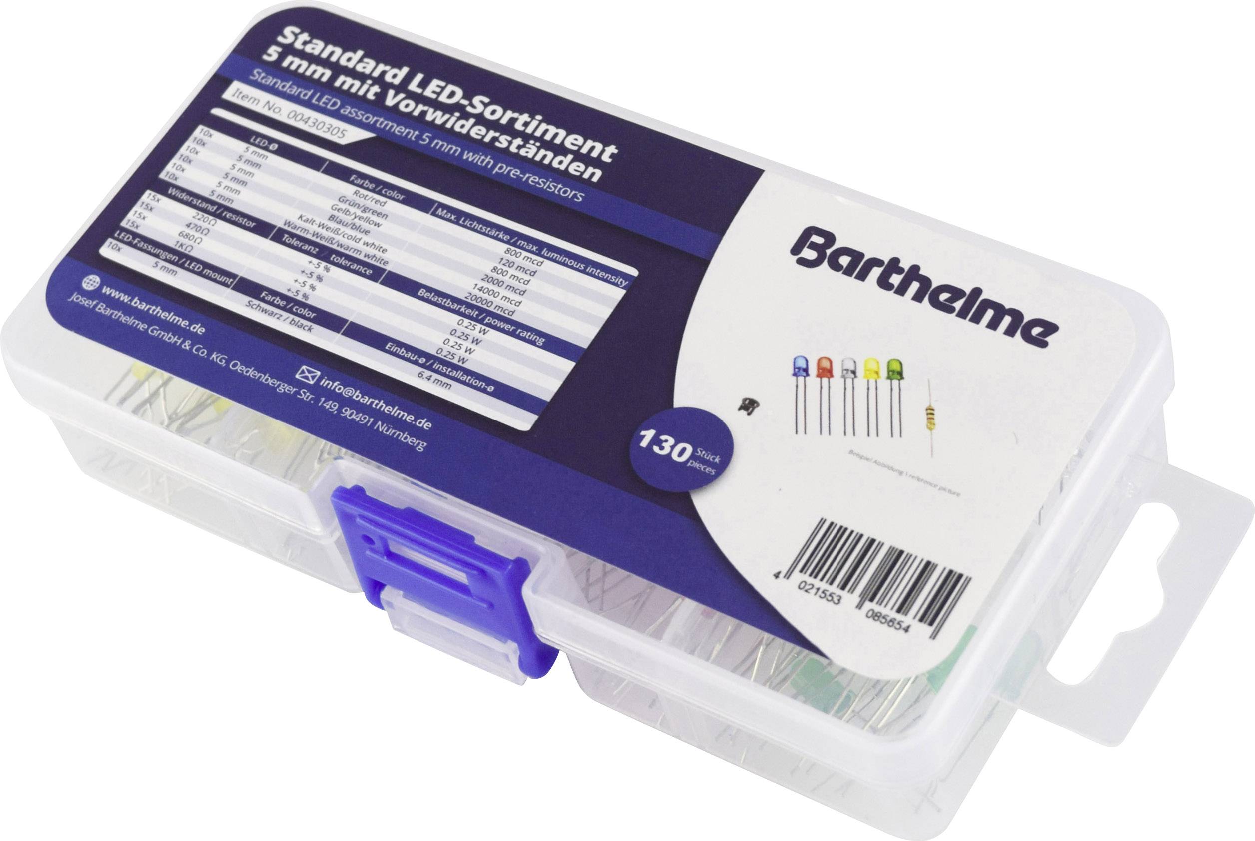 Plastikbox mit Standard-LED-Sortiment, 5 mm, inklusive Vorwiderständen. Enthält 130 LEDs in verschiedenen Farben.