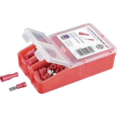 Rote Plastikbox mit transparentem Deckel, enthält rote Flachsteckhülsen und Steckverbinder. Etikett mit technischer Info und Barcode.