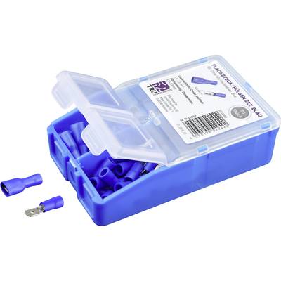 Ein geöffnetes Set mit blauen Flachsteckhülsen, geeignet für elektrische Verbindungen. Enthält mehrere Steckverbinder in einer blauen Box.