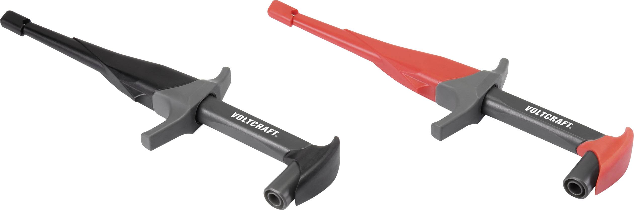 Zwei Prüfspitzen von Voltcraft, eine schwarze und eine rote, liegen parallel. Beide haben isolierte Griffe und Metallenden zur elektrischen Messung.
