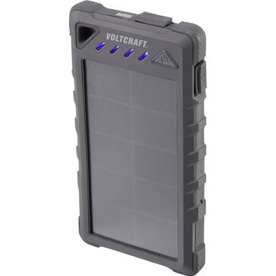 Eine schwarze, rechteckige Powerbank mit Solarpanel und vier blauen LED-Anzeigen, die den Ladezustand anzeigen, von der Marke Voltcraft.