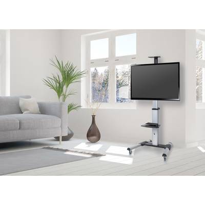Ein moderner Wohnzimmerbereich mit einem grauen Sofa, einer Zimmerpflanze und einem großen Flachbildfernseher auf einem mobilen Ständer.