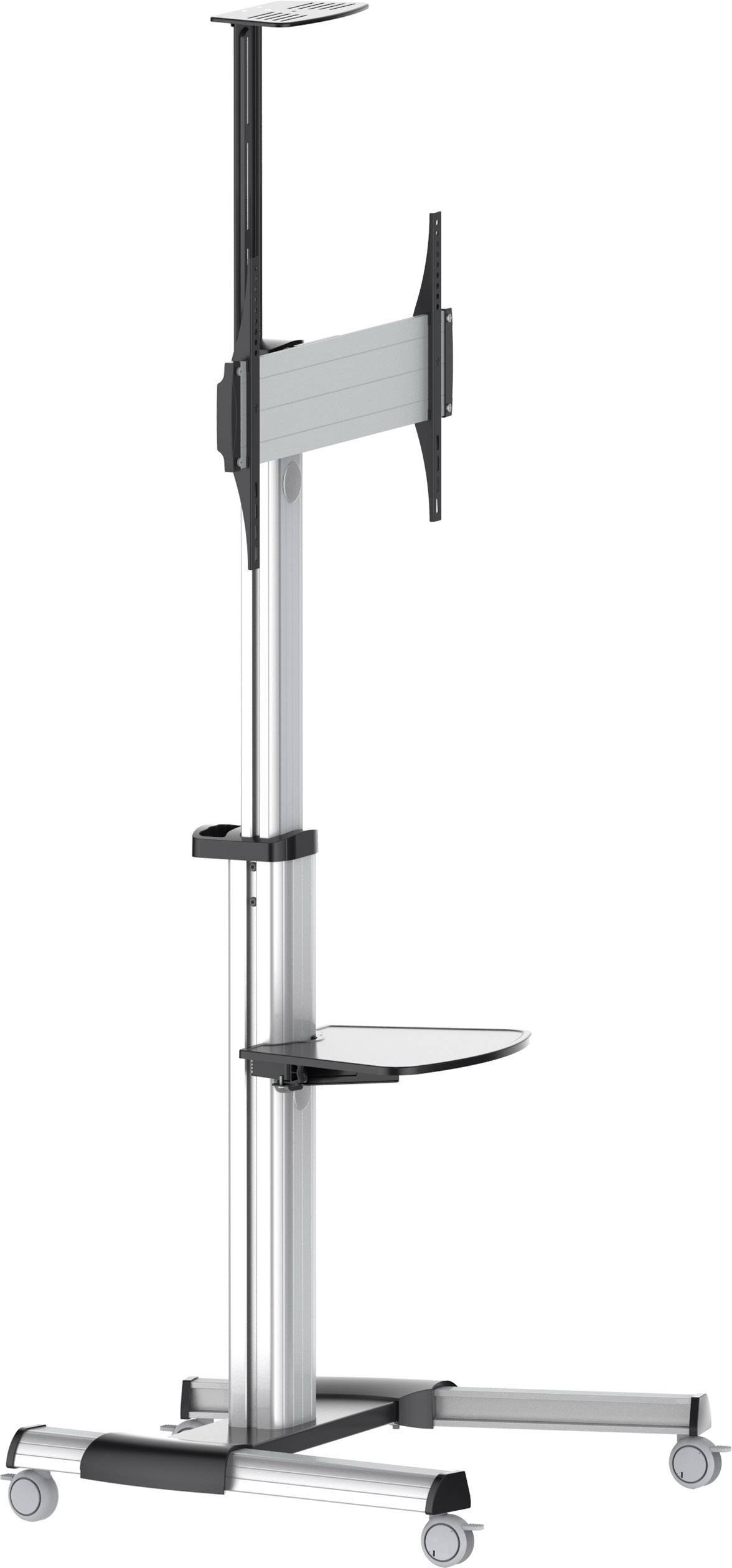 Ein silberner, mobiler Bildschirmständer mit Rollen und verstellbarer Halterung sowie einer Ablagefläche in der Mitte.