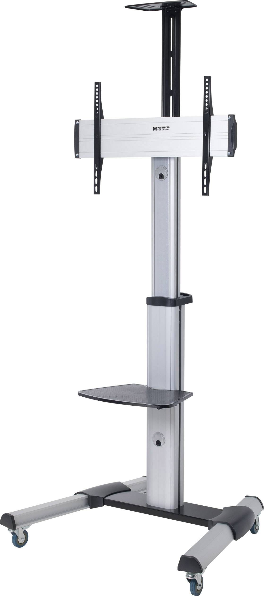 Rollbarer TV-Ständer aus Metall mit höhenverstellbarer Halterung, Ablagefläche und Rädern für einfache Mobilität.