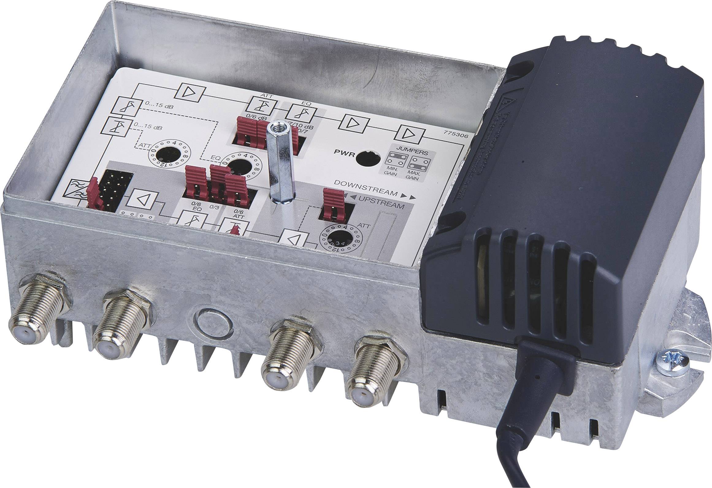 Ein elektrisches Gerät in einem Metallgehäuse mit mehreren Anschlüssen und einem schwarzen Abdeckungsteil.