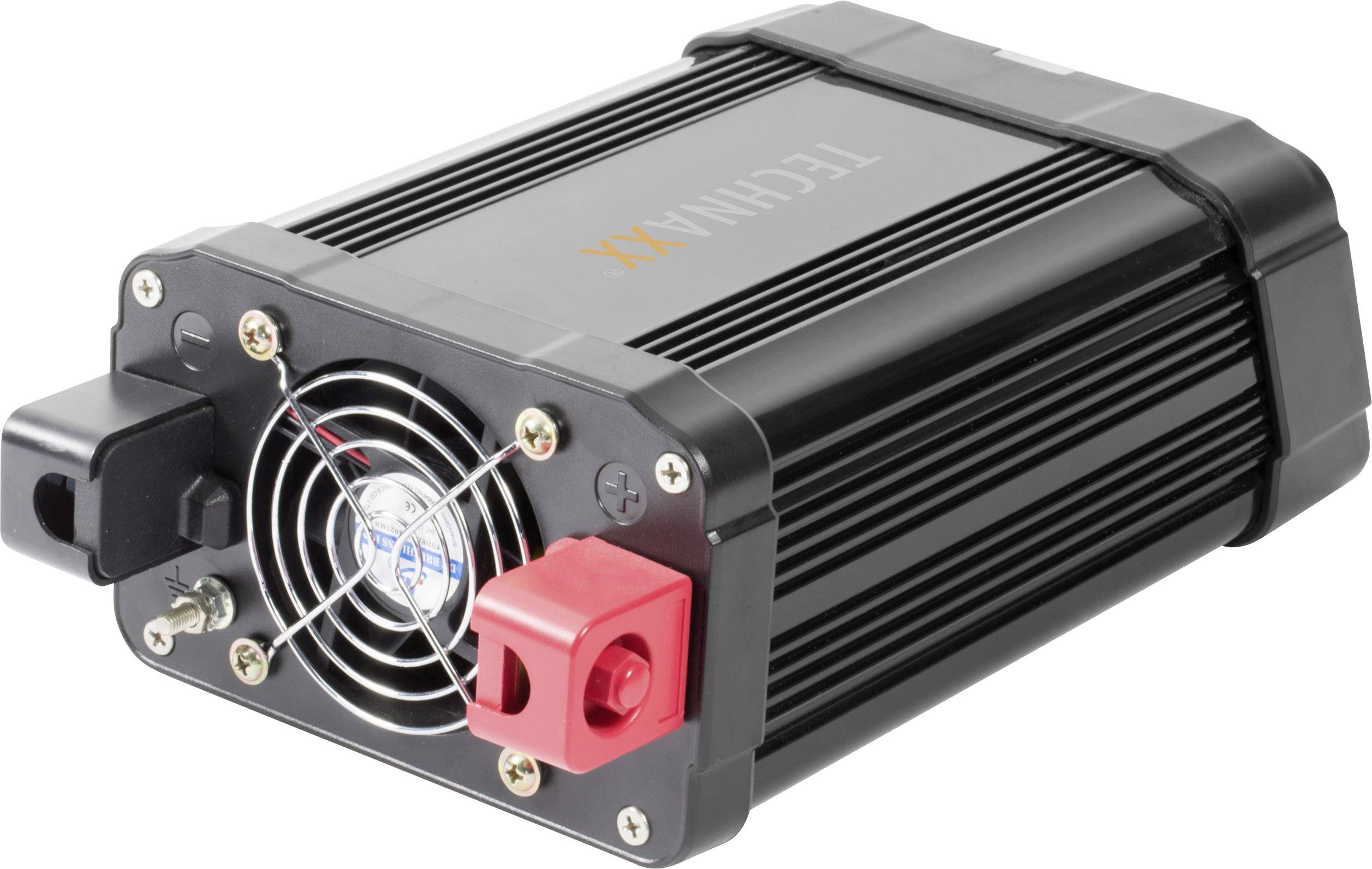 Schwarzer Spannungswandler mit Kühlventilator und Anschlüssen; Marke TECHNAXX, für Umwandlung von Gleichstrom auf Wechselstrom geeignet.