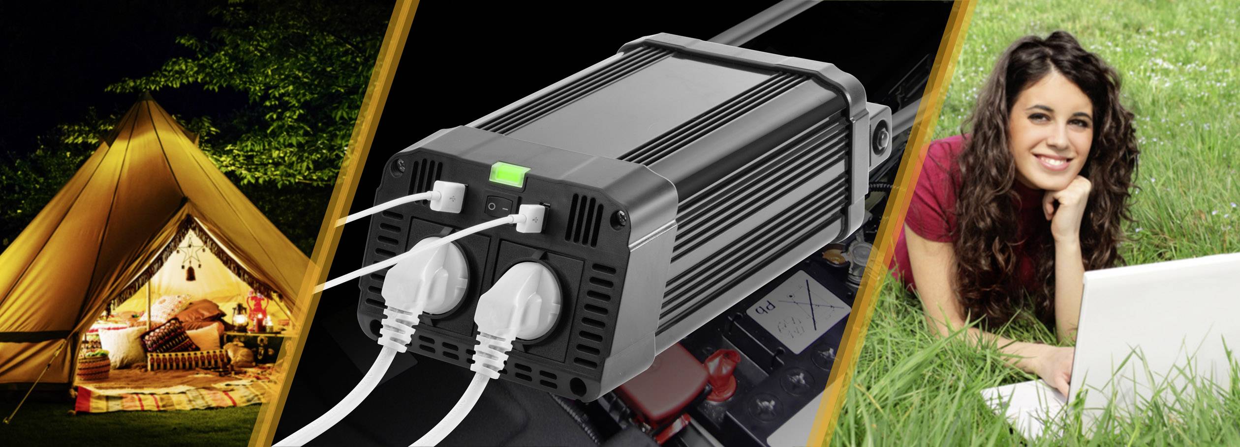 Einzelnes Bild in drei Teile geteilt: 1) Beleuchtetes Zelt im Dunkeln. 2) Elektrischer Wechselrichter mit zwei angeschlossenen Steckern. 3) Frau lächelnd mit Laptop auf Rasen.