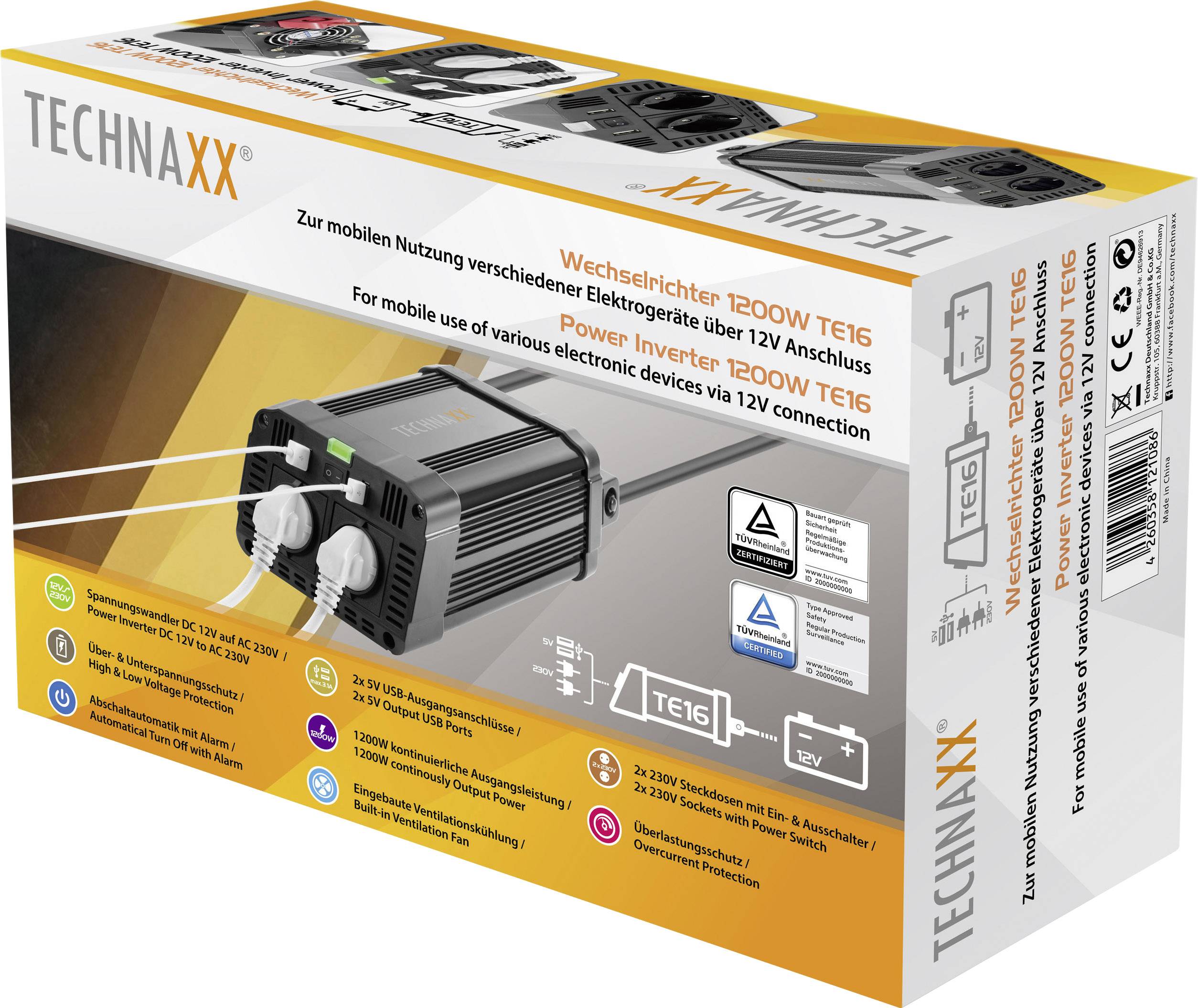 Verpackung eines TECHNAXX Wechselrichters TE16, 1200W, zur mobilen Nutzung verschiedener elektronischer Geräte über 12V-Anschluss.