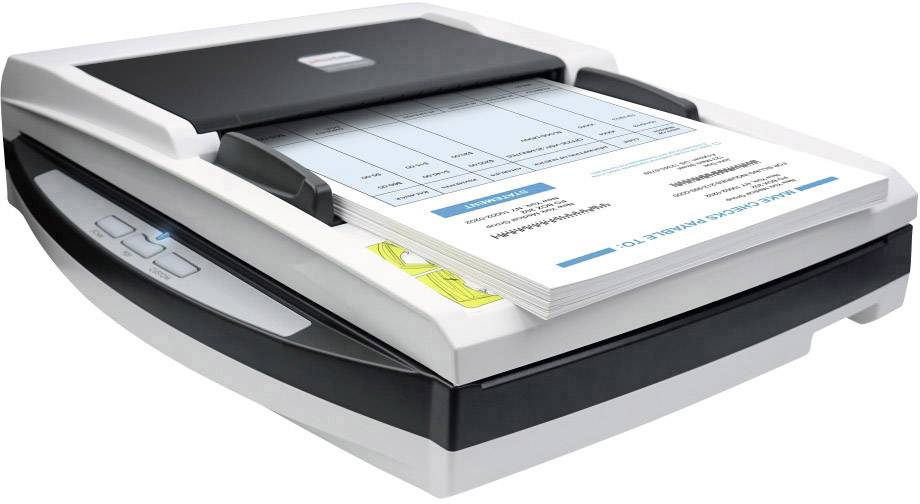 Ein Scanner mit einem Dokumentenstapel auf dem Fach, bereit zum Scannen. Der Scanner hat ein Bedienfeld mit Tasten an der Seite.