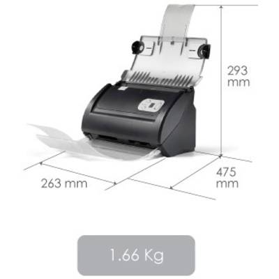 Ein Dokumentenscanner mit Papierzufuhr, zeigt Maße: 293 mm Höhe, 263 mm Breite, 475 mm Tiefe, Gewicht 1,66 kg.