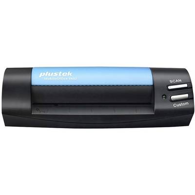 Schwarzer und blauer mobiler Scanner 'Plustek MobileOffice S602' mit zwei Tasten: 'Scan' und 'Custom'.