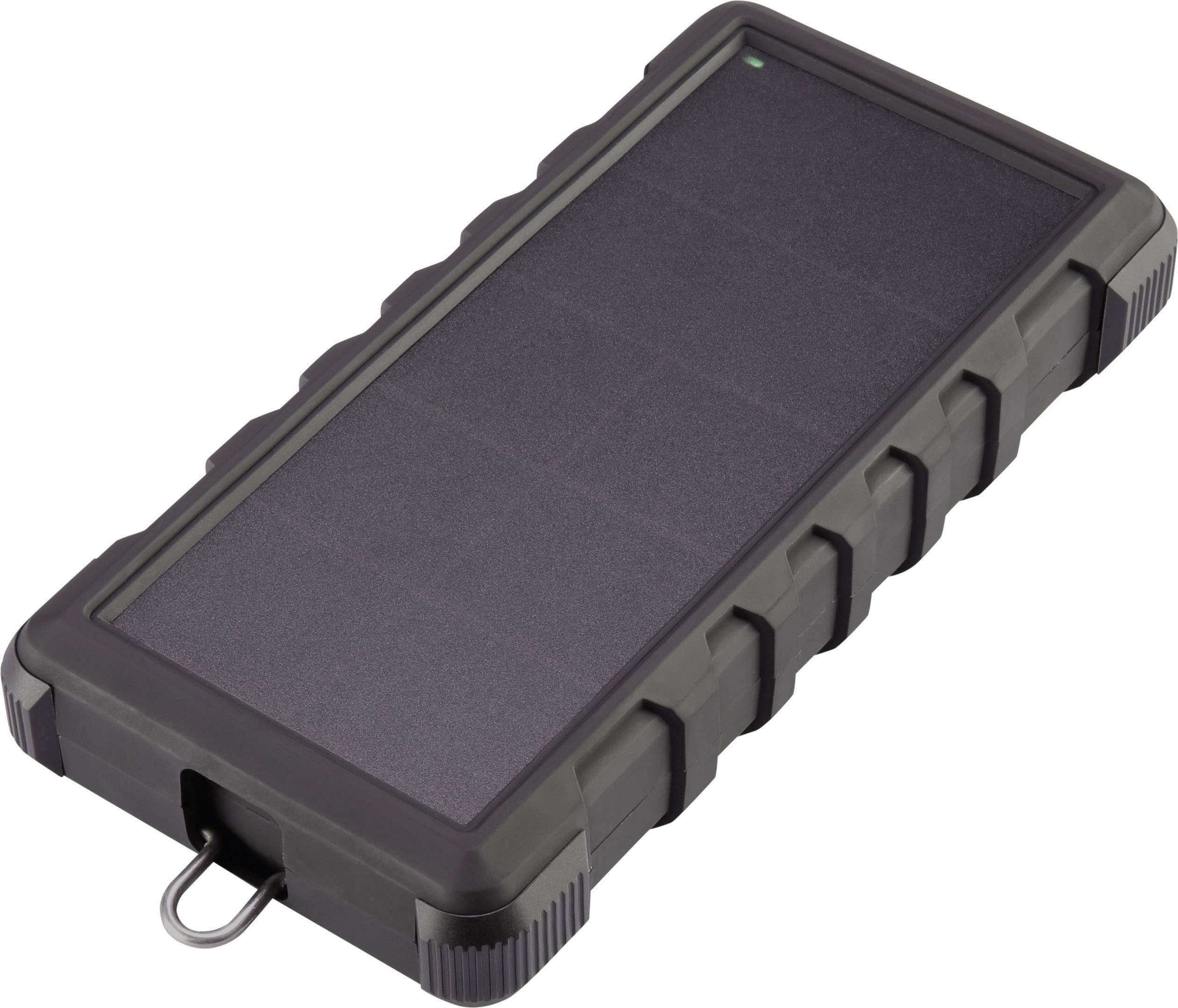 Tragbares, rechteckiges Solar-Ladegerät mit robustem Gehäuse, geeignet für Outdoor-Aktivitäten. Hat eine Öse zum Aufhängen.