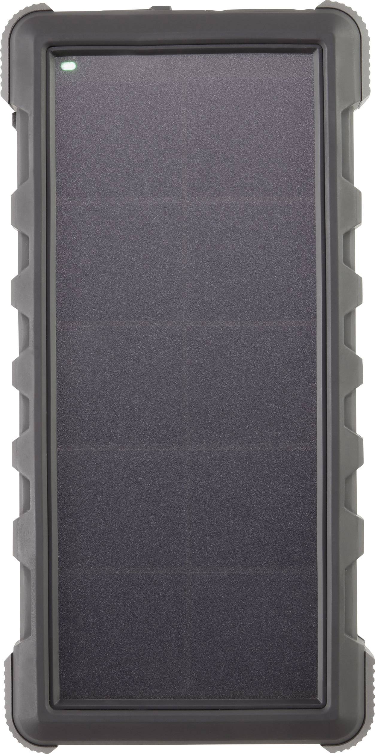 Eine schwarze, robuste Solar-Powerbank mit strukturiertem Rand und grünem Ladeindikator oben links. Ideal für Outdoor-Aktivitäten.