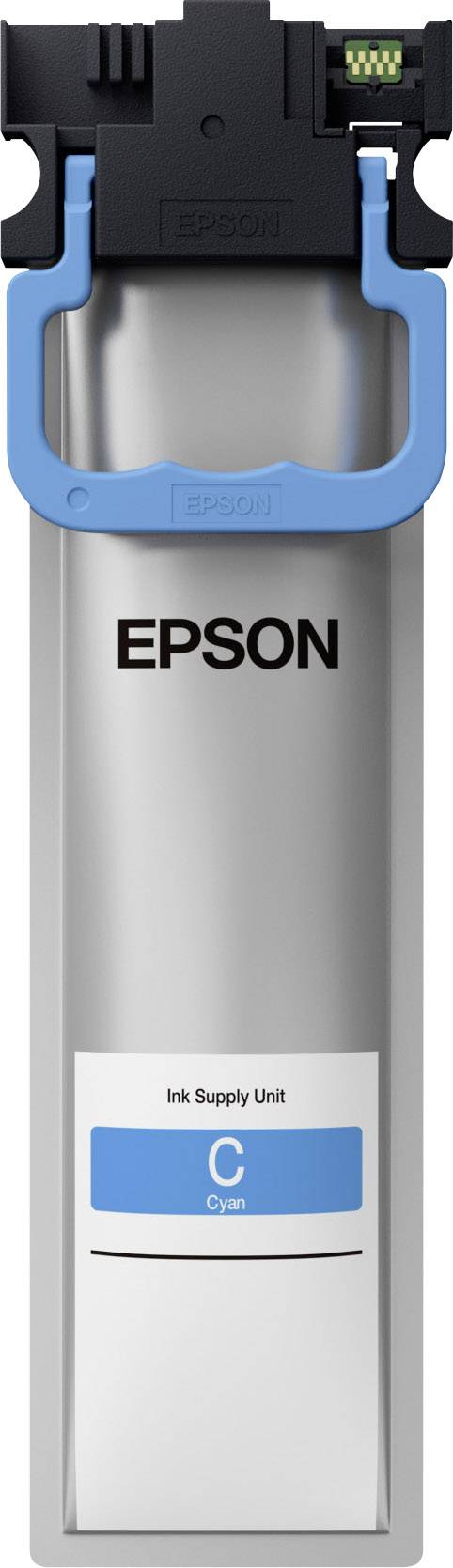 Eine Epson Tintenversorgungseinheit in Cyan, geeignet für Drucker. Sie ist in einem silbernen Gehäuse mit blauer Farbanzeige.