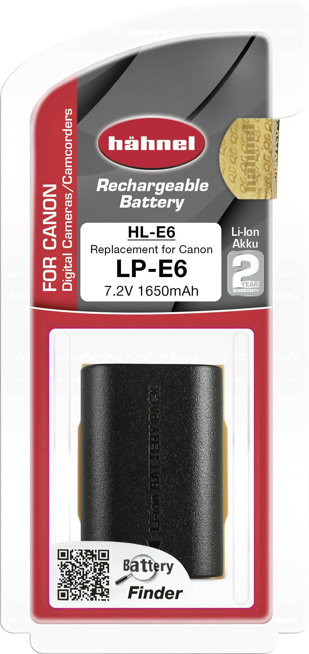 Wiederaufladbarer Akku Hähnel HL-E6, Ersatz für Canon LP-E6, 7,2V 1650mAh, auf roter Verpackung mit Kamera-Symbol.